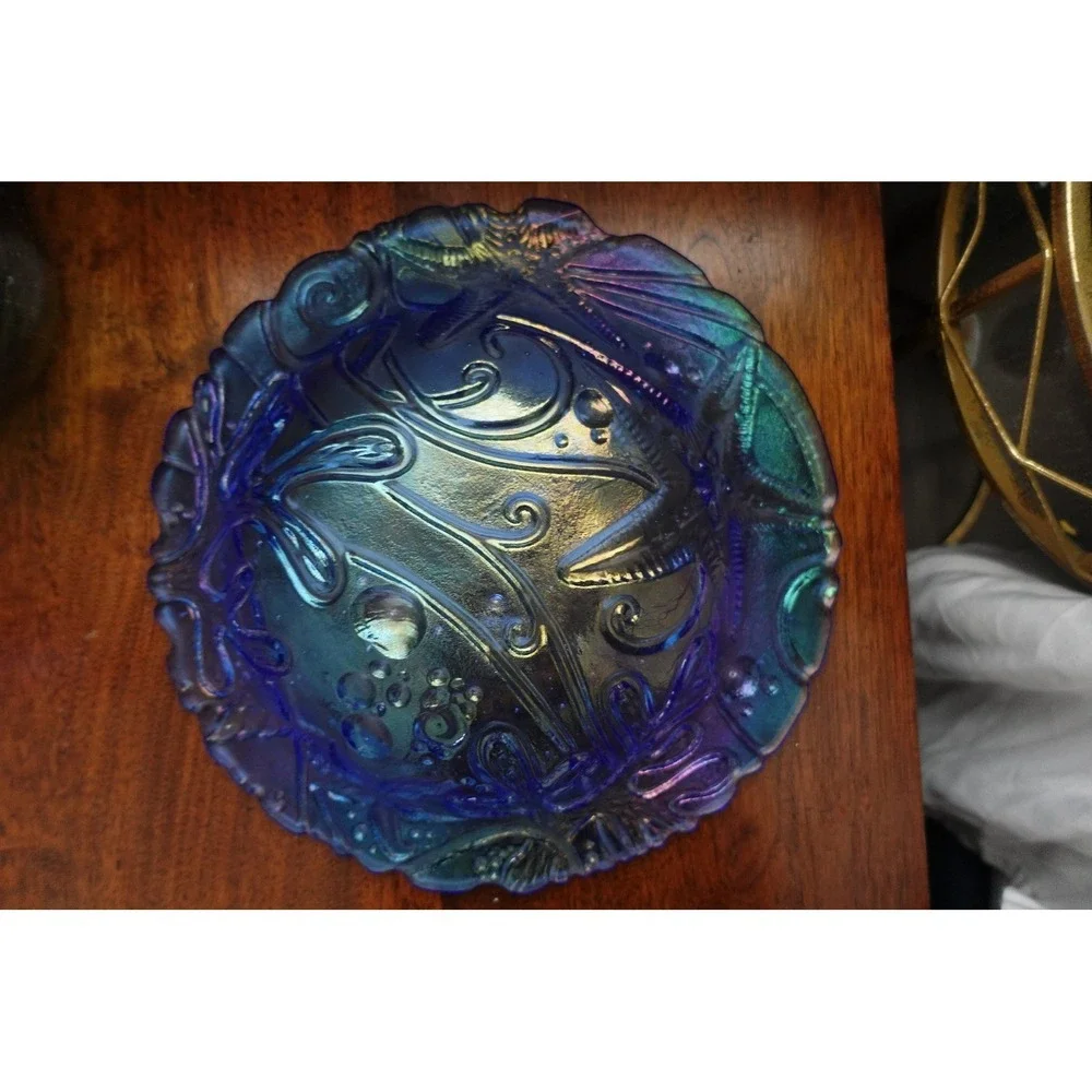 Blue Iridescent Glass Plate Starfish Seashell‎ Decorative Display Dish